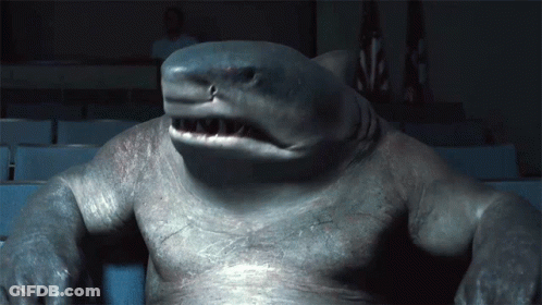 A Shark Is Sitting In A Dark Room With A Man Behind It GIF