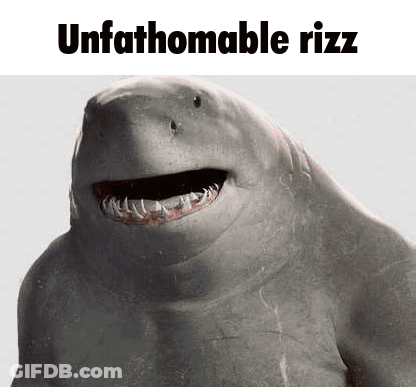 A Shark Is Smiling With Its Mouth Open And The Words `` Unfathomable Rizz '' Written Below It . GIF