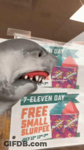 A Shark Is Standing In Front Of A Sign That Says 7 Eleven Day Free Small Slurpee GIF