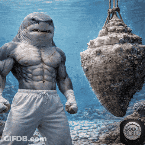 A Shark Is Standing Next To A Large Conch Shell That Is Hanging From Ropes GIF