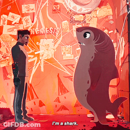 A Shark Is Standing Next To A Man In Front Of A Wall That Says Nemesis GIF