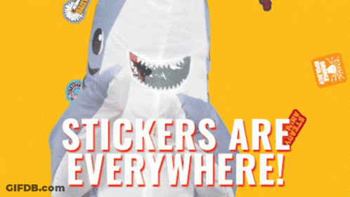 A Shark Is Surrounded By Stickers That Say Stickers Are Everywhere On A Yellow Background GIF