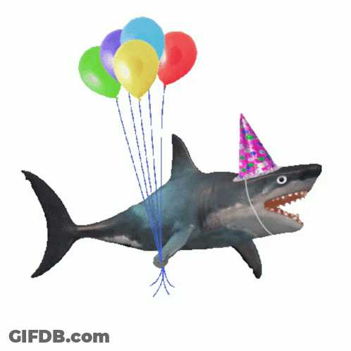 A Shark Wearing A Party Hat Holds Balloons GIF
