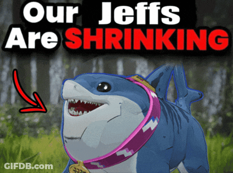 A Shark Wearing A Pink Collar With The Words Our Jeffs Are Shrinking Below It GIF