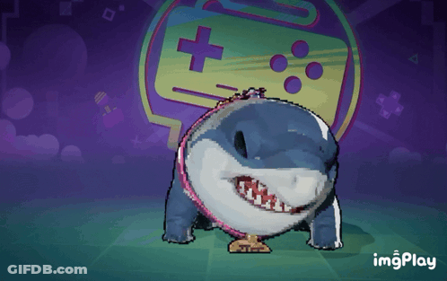 A Shark With A Gold Trophy Around Its Neck Is In Front Of A Game Controller GIF