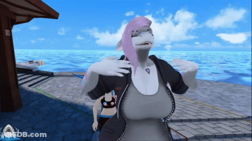 A Shark With Pink Hair And The Word Shark On Her Chest GIF