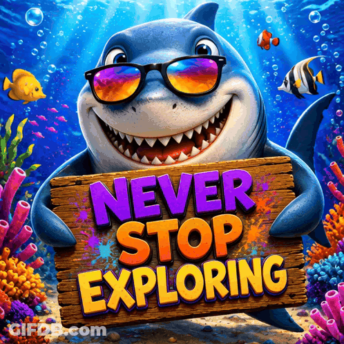 A Shark With Sunglasses Is Holding A Sign That Says Never Stop Exploring GIF