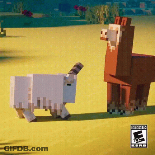 A Sheep And A Llama Standing Next To Each Other In A Video Game That Is Rated Everyone 10 GIF