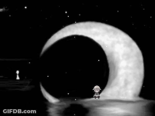 A Sheep Is Sitting In Front Of A Crescent Moon In A Black And White Photo GIF