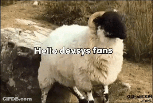 A Sheep With A Black Head Is Standing Next To A Rock With The Words `` Hello Devsys Fans '' Written On It . GIF