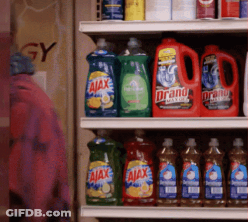 A Shelf Full Of Dish Soap Including Ajax Anddrano GIF