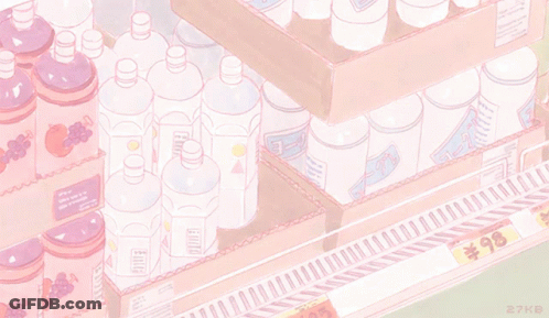 A Shelf Full Of Pink Bottles And Cans With A Price Tag Of 100 Yen GIF