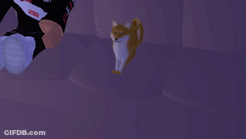 A Shiba Inu Dog In A Video Game With The Word Barf Written On The Bottom GIF