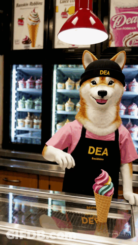 A Shiba Inu Mascot Wearing An Apron That Says Dea On It GIF