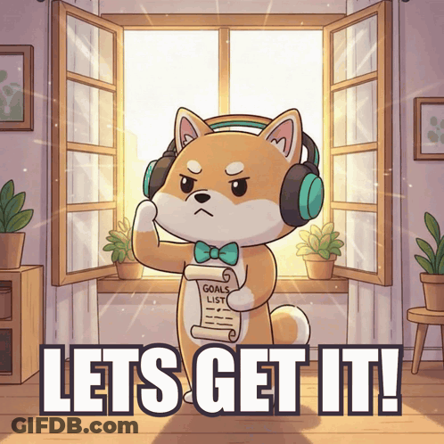 A Shiba Inu Wearing Headphones And Holding A Goals List Says Lets Get It GIF