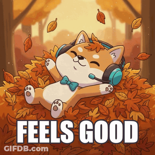 A Shiba Inu Wearing Headphones Is Laying In A Pile Of Leaves With The Words Feels Good Below Him GIF
