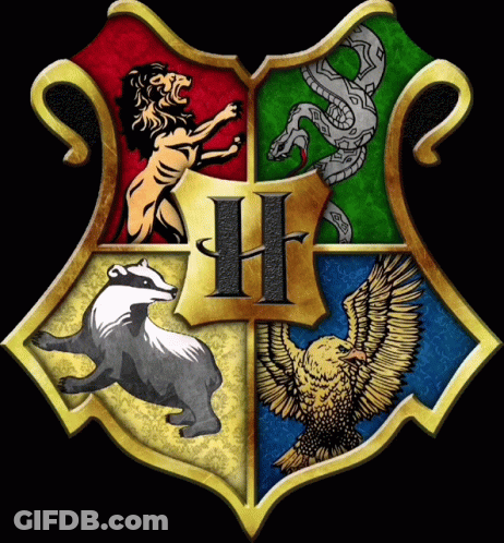 A Shield With A Lion A Badger A Snake And An Eagle With The Letter H In The Middle GIF