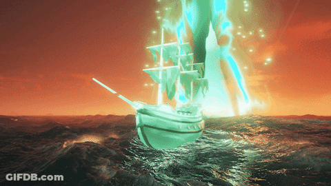 A Ship Is Floating In The Ocean With A Glowing Light Coming Out Of It GIF