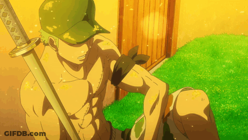 A Shirtless Anime Character Holding A Sword GIF