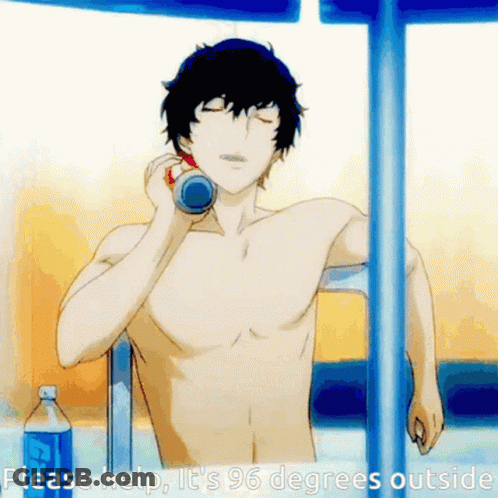 A Shirtless Anime Character Is Drinking Water From A Bottle And Asking For Help . GIF