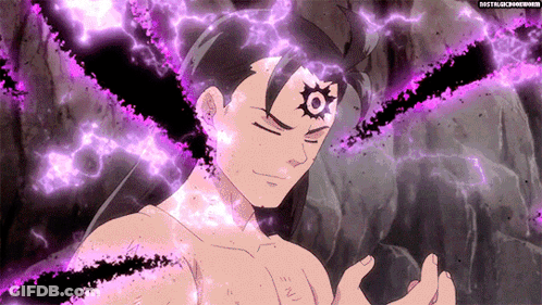A Shirtless Anime Character With A Purple Lightning Bolt On His Head GIF