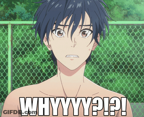 A Shirtless Anime Character With The Words " Whyyyy ? ! ? " On His Chest GIF