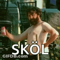 A Shirtless Bearded Man Is Holding A Can Of Skol Beer . GIF