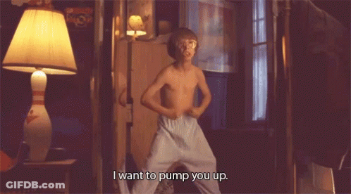 A Shirtless Boy Is Dancing In A Room And Says I Want To Pump You Up GIF