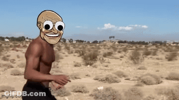 A Shirtless Cartoon Character With Big Eyes Is Running In The Desert GIF