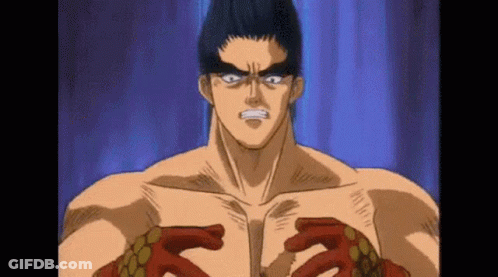 A Shirtless Cartoon Character With Red Gloves On His Hands Is Holding His Chest . GIF