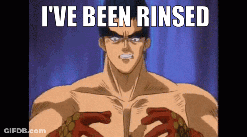 A Shirtless Cartoon Character With The Words " I 'Ve Been Rinsed " On The Bottom GIF