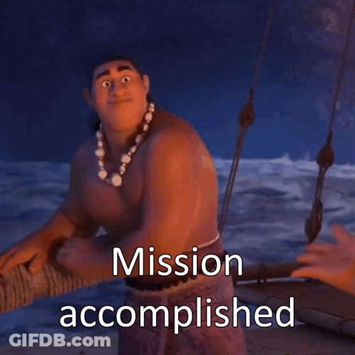 A Shirtless Cartoon Character With The Words Mission Accomplished Written Below Him GIF