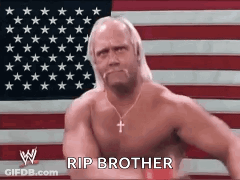 A Shirtless Hulk Hogan Is Standing In Front Of An American Flag And Says Rip Brother . GIF
