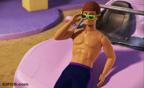 A Shirtless Ken Doll Wearing Green Sunglasses Is Standing In Front Of A Pink Car GIF