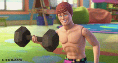 A Shirtless Ken From Toy Story Is Lifting A Black Dumbbell GIF
