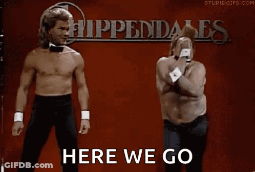 A Shirtless Man And A Fat Man Are Dancing In Front Of A Sign That Says Here We Go GIF