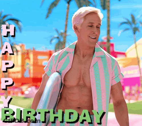 A Shirtless Man Carrying A Surfboard With The Words Happy Birthday Written Below Him GIF