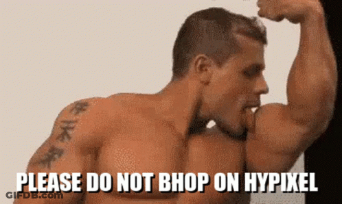 A Shirtless Man Flexing His Muscles With The Words Please Do Not Bhop On Hypixel GIF