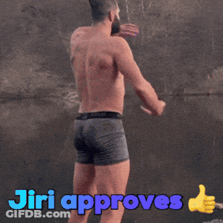 A Shirtless Man Giving A Thumbs Up With The Words Jiri Approves Above Him GIF