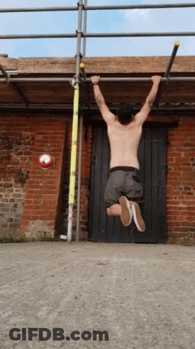 A Shirtless Man Hangs Upside Down On A Bar In Front Of A Brick Wall GIF