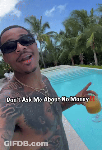 A Shirtless Man Holding A Drink In Front Of A Pool With The Words " Don T Ask Me About No Money " GIF