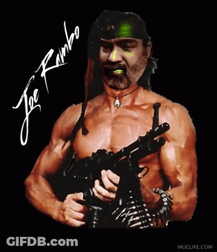 A Shirtless Man Holding A Gun With The Name Joe Rambo Written On The Bottom GIF