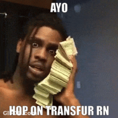 A Shirtless Man Holding A Stack Of Money With The Caption Ayo Hop On Transfur Rn GIF