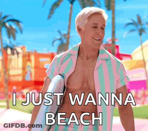 A Shirtless Man Holding A Surfboard With The Words I Just Wanna Beach Below Him GIF