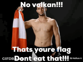A Shirtless Man Holding A Swiss Flag With A Caption That Says No Volkan Thats Youre Flag Dont Eat That GIF