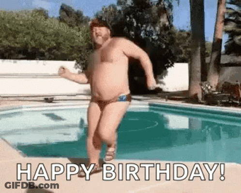 A Shirtless Man In A Bathing Suit Is Jumping Into A Swimming Pool To Say Happy Birthday . GIF