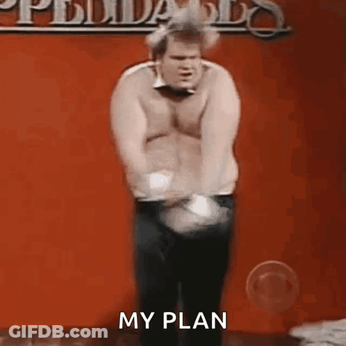 A Shirtless Man In A Bow Tie Is Dancing In Front Of A Red Wall And Says My Plan GIF