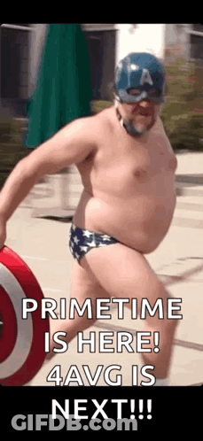 A Shirtless Man In A Captain America Costume Is Holding A Shield And A Ball . GIF