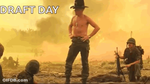 A Shirtless Man In A Cowboy Hat Is Standing In A Field With Soldiers In The Background . GIF
