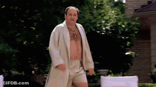 Shirtless Man In Robe And Underwear In Front Of White Chair GIF